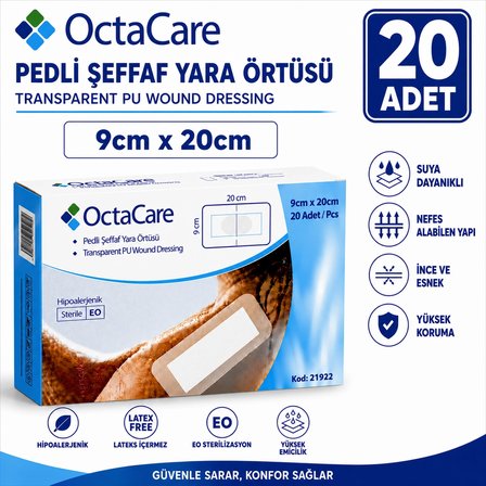Octacare Su Geçirmez Pedli Şeffaf Pu Film Steril Yara Örtüsü Banyo Bandı 9cm×20cm (20 Adet)