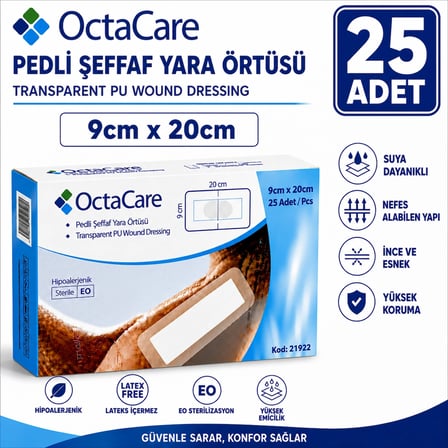 Octacare Su Geçirmez Pedli Şeffaf Pu Film Steril Yara Örtüsü Banyo Bandı 9cm×20cm (25 Adet)