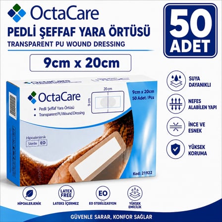 Octacare Su Geçirmez Pedli Şeffaf Pu Film Steril Yara Örtüsü Banyo Bandı 9cm×20cm (50 Adet)