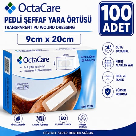 Octacare Su Geçirmez Pedli Şeffaf Pu Film Steril Yara Örtüsü Banyo Bandı 9cm×20cm (100 Adet)