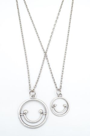 2'li Gülen Surat - Smile Erkek Kadın Kolye Seti 925 Ayar Gümüş Kaplama