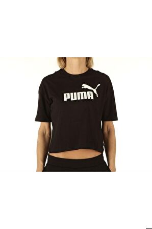 Kadın Siyah Cropped Essentıals Logo Spor T-shirt Vo58686601