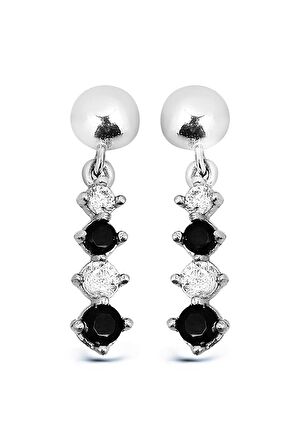 Siyah Beyaz Taşlı Işıltılı 925 Ayar Gümüş Küpe - K050101