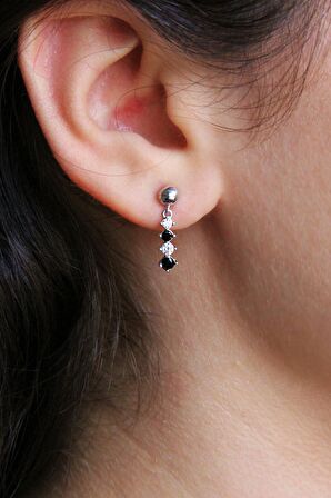 Siyah Beyaz Taşlı Işıltılı 925 Ayar Gümüş Küpe - K050101