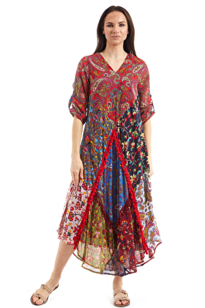 Şile Bezi Kırmızı Uzun Kol Patchwork Elbise