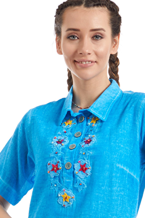 Şile Bezi Turkuaz Yıldız İşleme Detaylı  Elbise