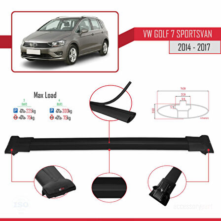 Volkswagen Golf Sportvan 2014-2017 Arası ile Uyumlu FLY Model Ara Atkı Tavan Barı Siyah 3 Adet