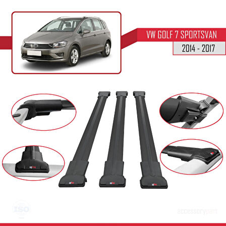 Volkswagen Golf Sportvan 2014-2017 Arası ile Uyumlu FLY Model Ara Atkı Tavan Barı Siyah 3 Adet