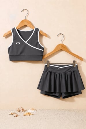Kız Çocuk Sportif Gri Renk Crop - Şort Etek Alt Üst - Takım