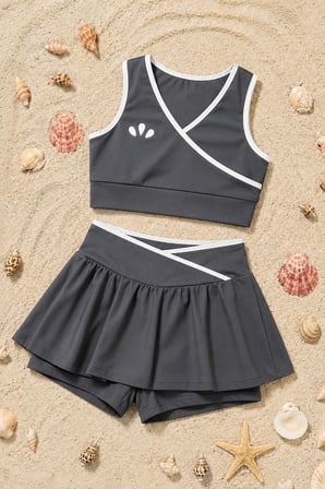 Kız Çocuk Sportif Gri Renk Crop - Şort Etek Alt Üst - Takım