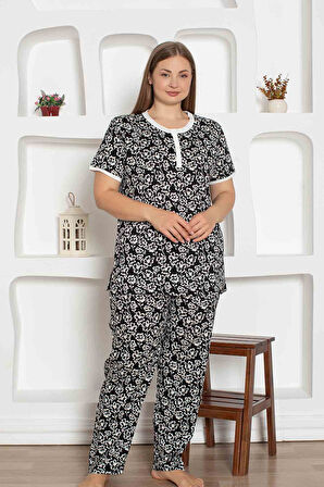 Kadın Çiçek Desen Bisiklet Yaka 3 Düğmeli %100 Pamuk Penye İnce Yazlık Kısa Kol Pijama Takımı