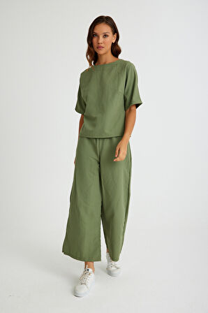 Barbora Keten Günlük Rahat Beli Lastikli Kadın İkili Takım Alt Üst LN10haki13