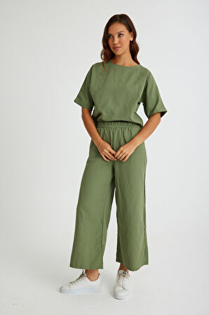 Barbora Keten Günlük Rahat Beli Lastikli Kadın İkili Takım Alt Üst LN10haki13