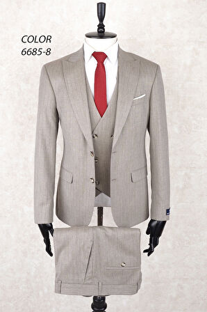 Slim Fit Çizgili Sivri Yaka İki Düğme Çift Yırtmaç  Açık Kahve  Drop 6 Yelekli Takım Elbise