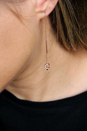 Ç Harfi 925 Ayar Gümüş Rose Tek Zincir Küpe - K099101