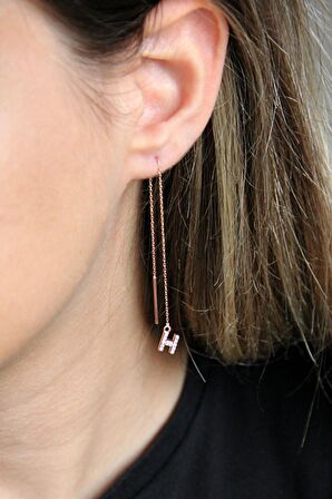 H Harfi 925 Ayar Gümüş Rose Tek Zincir Küpe - K099601