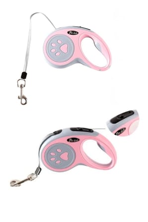 Makaralı Köpek Gezdirme Tasması Pembe Gri 3mt