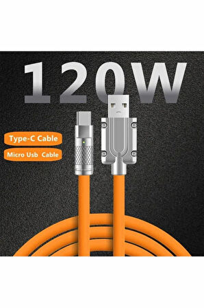 Süper Hızlı 120W 6A Sıvı Silikon Metal Uçlu Type-C Şarj Kablosu Turuncu