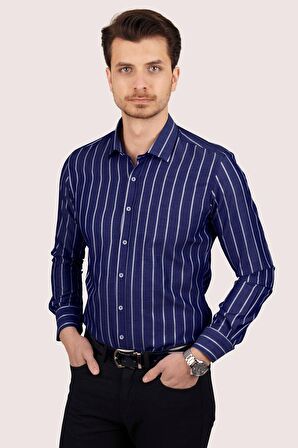 Lacivert Beyaz Çizgili Slimfit Erkek Gömlek