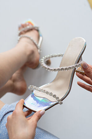 Kadın Taşlı Günlük Küt Burun Terlik Şeffaf Kadeh Topuklu Abiye Ayakkabı 121