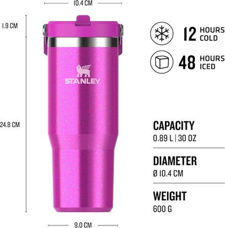 Stanley IceFlow Flip Straw Tumbler Pipetli Termos Bardak, 0.89 L, Fuşya Simli