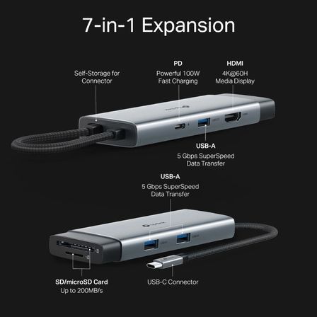 Tp-Link UH7021C USB Type-C 7-Port Hub Hdmi - SD Kart Okuyucu - Type-C - USB 3.0 Dönüştürücü