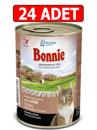 Bonnie ciğerli kedi konservesi 24adet 415gr ciğer etli kedi yaş mama liver