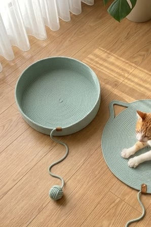 Reyo Pet El Yapımı Oyuncaklı Kedi ve Köpek Yatağı Çağla Yeşili – %100 Pamuk, Yıkanabilir Evcil Hayva