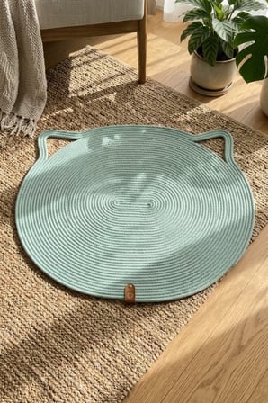 Reyo Pet El Yapımı Kedi Kulaklı Tırmalama Matı, Kedi ve Köpek Mama Matı %100 Pamuk Çağla Yeşili