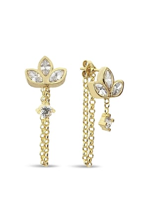 18K Altın Kaplamalı 925 Ayar Gümüş Tasarım Zincirli Lotus Küpe - 12104801