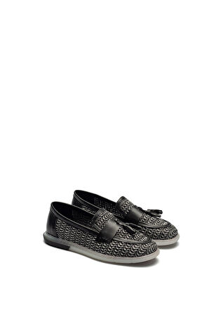 Kadın Hasır Örme Oxford Model Loafer Makosen Püsküllü Ayakkabı 12105