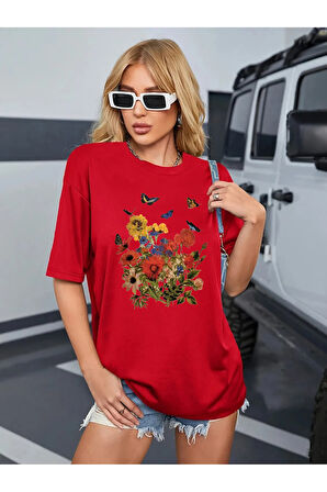 Unisex Pamuklu Butterfly Flowers Ön Baskılı Tasarım Tshirt