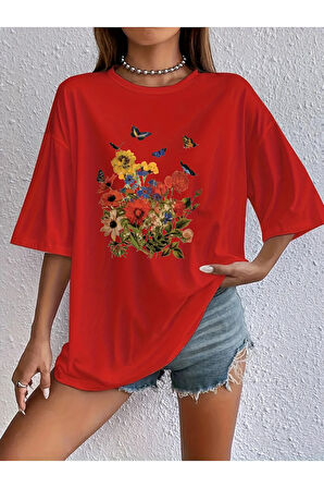 Unisex Pamuklu Butterfly Flowers Ön Baskılı Tasarım Tshirt
