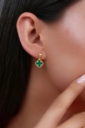 14K Altın Kaplamalı 925 Ayar Gümüş Granada Saray Yoncası Küpe - Yeşil 121119001