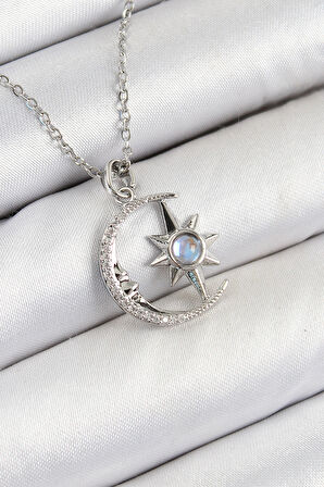 316L Çelik Zirkon Taşlı Kutup Yıldızlı Hilal Model Gümüş Renk Kadın Kolye