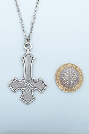 Ters Haç - Davut Yıldızı Erkek Kadın Kolye Antik Gümüş Kaplama - 60 cm Düz Zincir