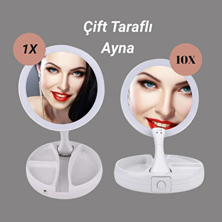 LED Işıklı 10x Büyüteçli Katlanabilir Çift Taraflı Seyahat Makyaj Aynası USB Şarjlı