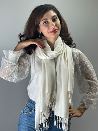 180X70 CM EKRU YUMUŞAL PÜSKÜLLÜ KADIN FULAR ŞAL