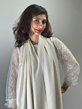 180X70 CM EKRU YUMUŞAL PÜSKÜLLÜ KADIN FULAR ŞAL