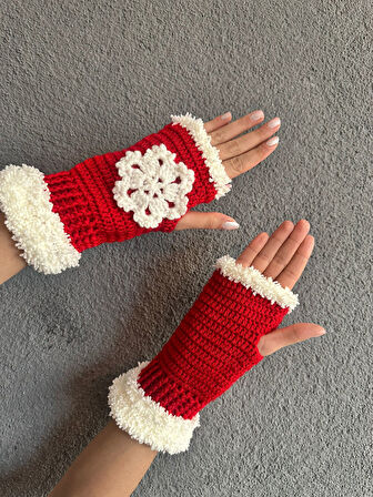 EL ÖRGÜSÜ KAR TANESİ MOTİFLİ NOEL KADIN PARMAKSIZ ELDİVEN