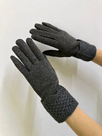 FÜME TRİKO DESENLİ DOKUNMATİK PARMAK KADIN ELDİVEN