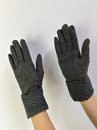 FÜME TRİKO DESENLİ DOKUNMATİK PARMAK KADIN ELDİVEN