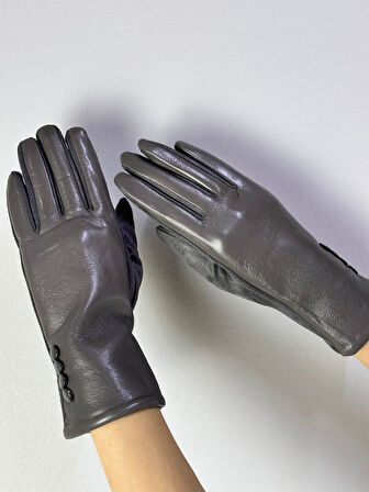 DÜĞME DETAYLI DOKUNMATİK PARMAK SUNİ DERİ GÖRÜNÜMLÜ KADIN ELDİVEN