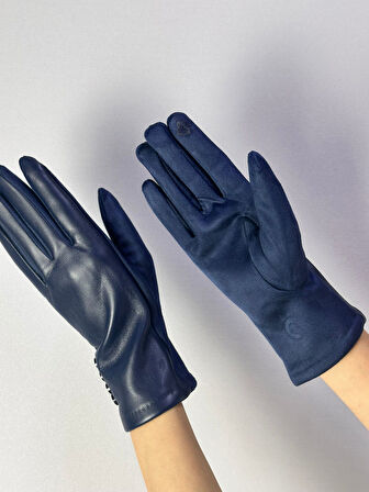 DÜĞME DETAYLI DOKUNMATİK PARMAK SUNİ DERİ GÖRÜNÜMLÜ KADIN ELDİVEN