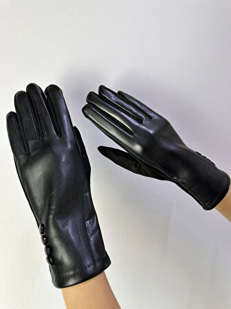 DÜĞME DETAYLI DOKUNMATİK PARMAK SUNİ DERİ GÖRÜNÜMLÜ KADIN ELDİVEN