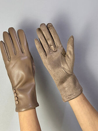 DÜĞME DETAYLI DOKUNMATİK PARMAK SUNİ DERİ GÖRÜNÜMLÜ KADIN ELDİVEN