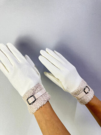 PAMUKLU KÜRK VE DERİ KEMER DETAYLI DOKUNMATİK PARMAK KADIN ELDİVEN