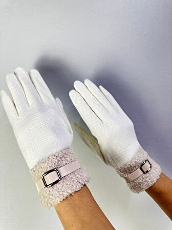 PAMUKLU KÜRK VE DERİ KEMER DETAYLI DOKUNMATİK PARMAK KADIN ELDİVEN