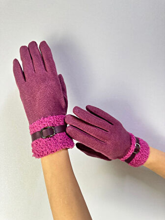 PAMUKLU KÜRK VE DERİ KEMER DETAYLI DOKUNMATİK PARMAK KADIN ELDİVEN