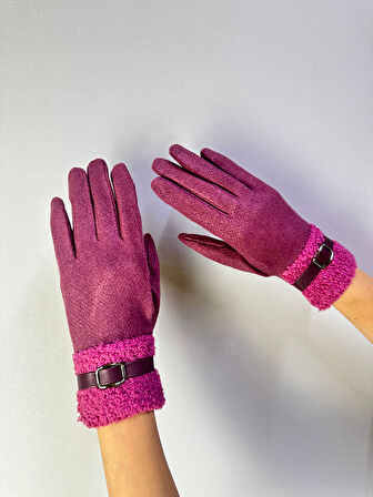 PAMUKLU KÜRK VE DERİ KEMER DETAYLI DOKUNMATİK PARMAK KADIN ELDİVEN